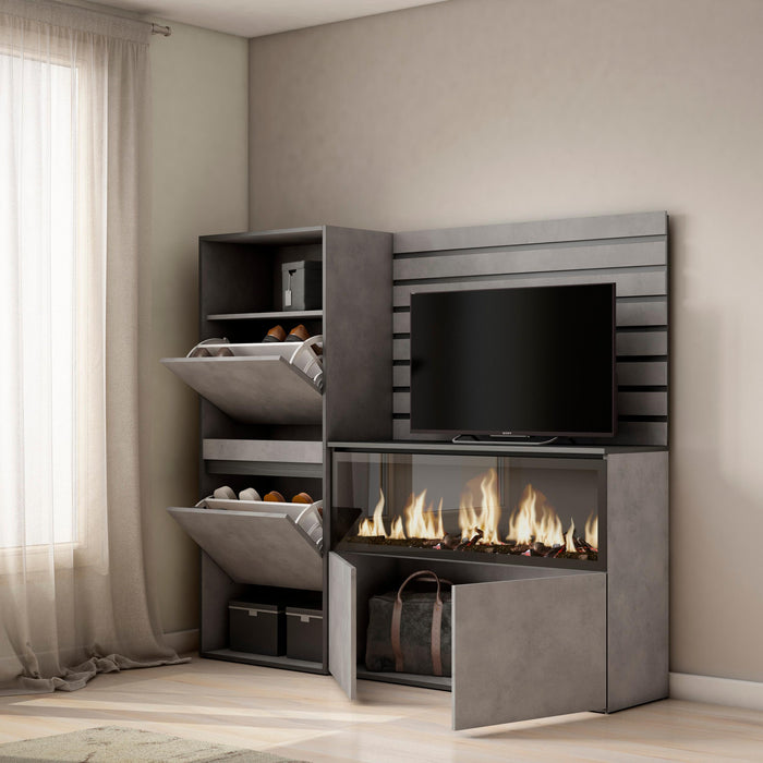 Credenza, 167x35x145cm, Camera da letto, Camino elettrico XXL, Scarpiera, grigio cemento RF3391
