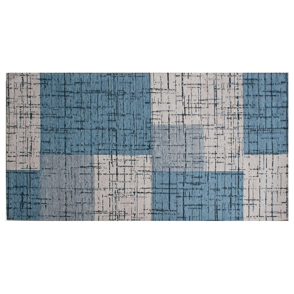 Tappeto Arredo Moderno Morbido in Ciniglia Ingresso Antiscivolo Prodotto Italiano  Soggiorno Camera Salotto Disegni Piazzati Cotone Varie Misure Grande Mondrian/Azzurro - 65x175 cm