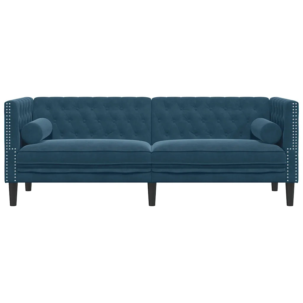 Divano Chesterfield con Rinforzi 3 Posti Blu in Velluto