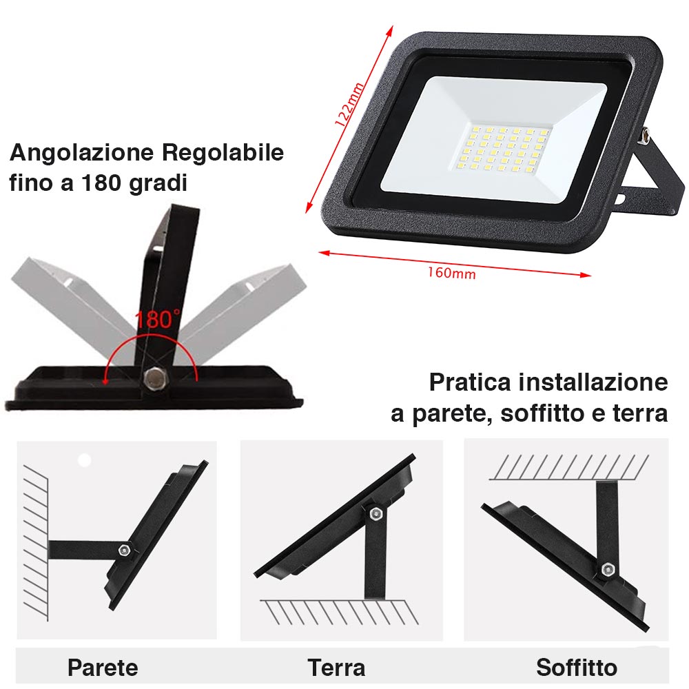 Faro Led 30W Luce Alta Luminosita 2550lm Faretto Esterno Slim Bianco Freddo IP65