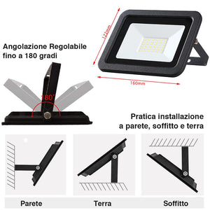 Faro Led 30W Luce Alta Luminosita 2550lm Faretto Esterno Slim Bianco Freddo IP65