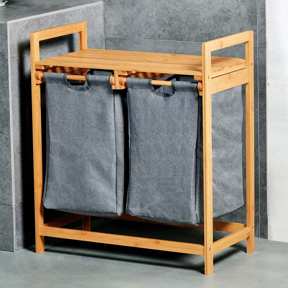 Cesto Biancheria Sporca Bambu 2 Scomparti in Tessuto Portabiancheria + Mensola