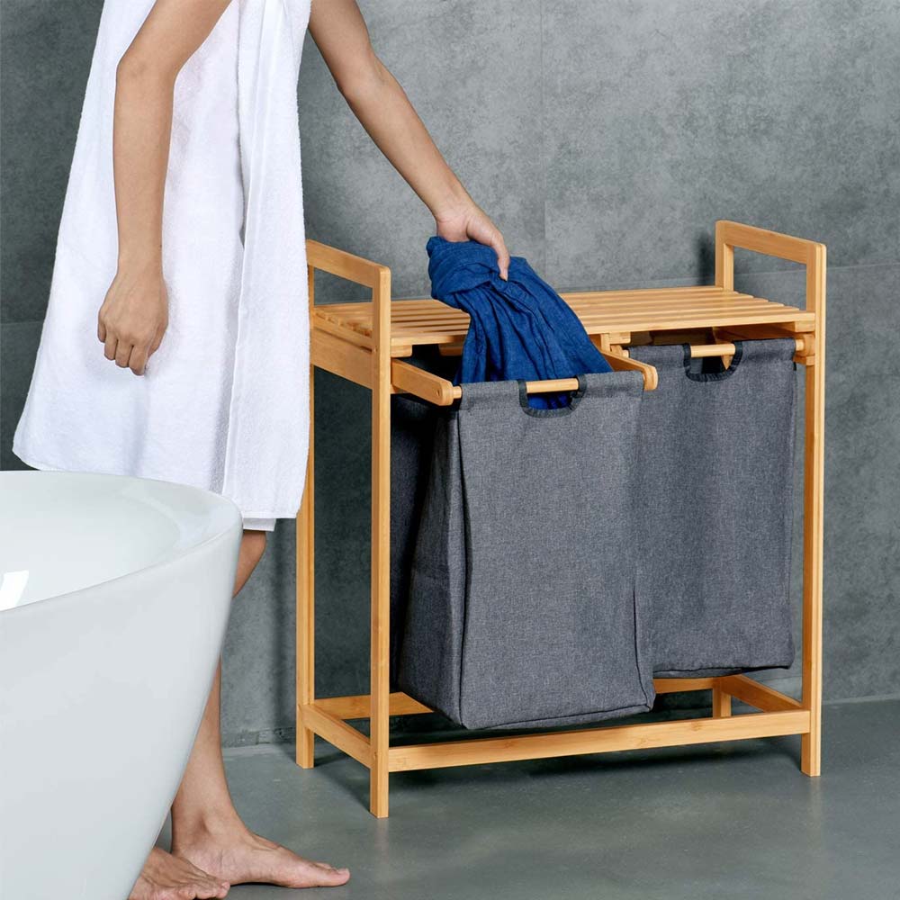 Cesto Biancheria Sporca Bambu 2 Scomparti in Tessuto Portabiancheria + Mensola
