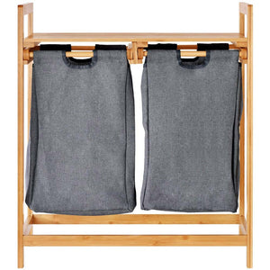 Cesto Biancheria Sporca Bambu 2 Scomparti in Tessuto Portabiancheria + Mensola