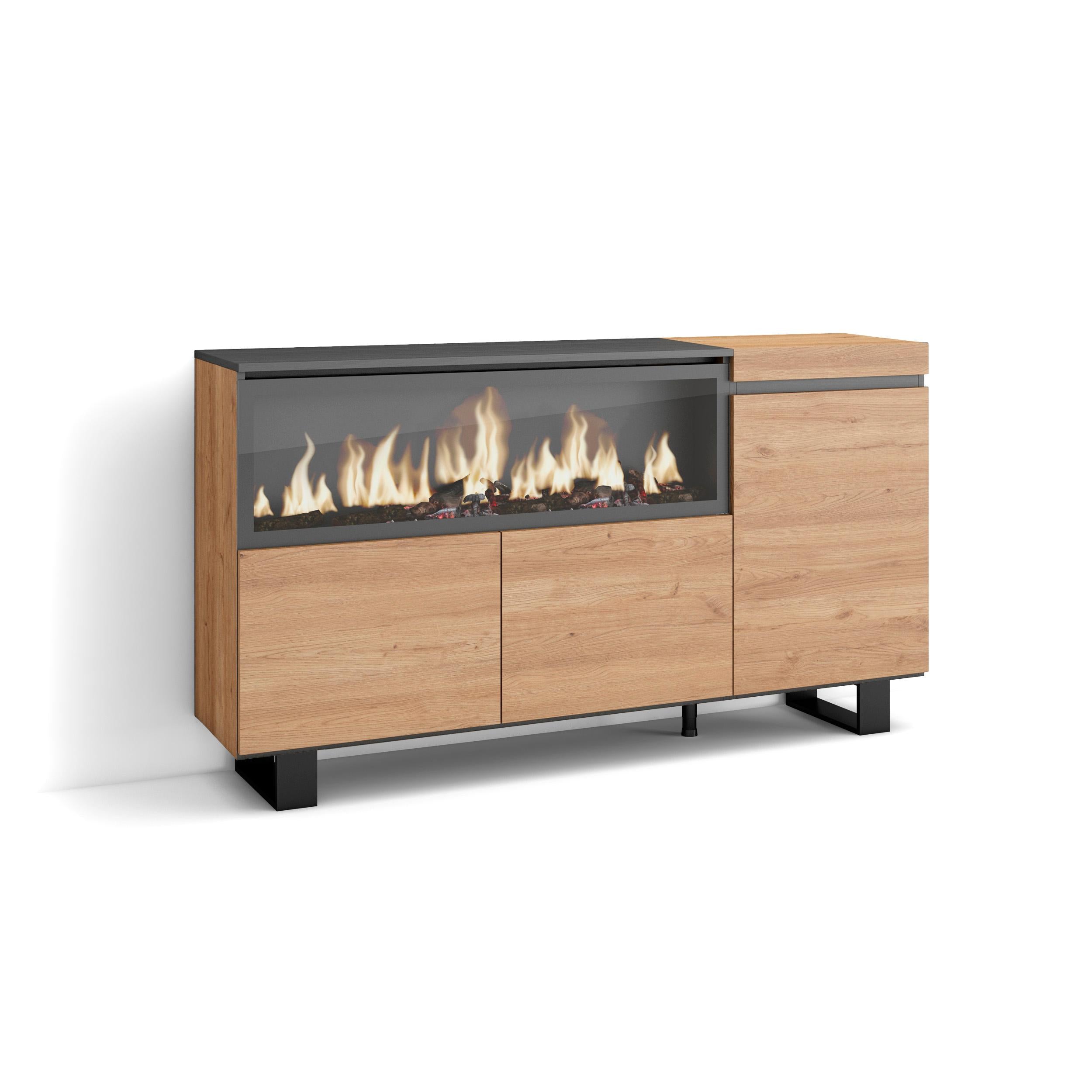Credenza, Mobile, 158x35x87cm, 3 Porte, Camino elettrico XXL, Design industriale, colore Rovere RF3292