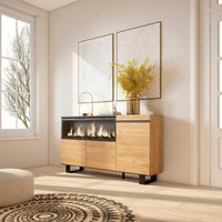 Credenza, Mobile, 158x35x87cm, 3 Porte, Camino elettrico XXL, Design industriale, colore Rovere RF3292