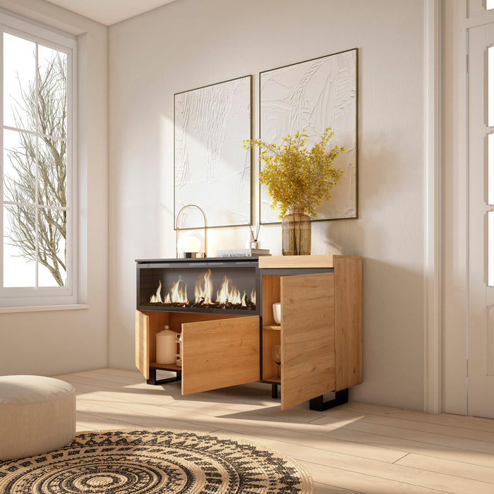 Credenza, Mobile, 158x35x87cm, 3 Porte, Camino elettrico XXL, Design industriale, colore Rovere RF3292