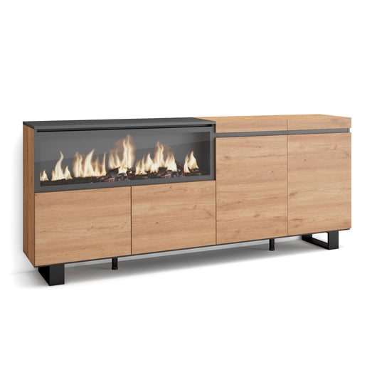 Credenza, Mobile, 208x35x87cm, 4 Porte, Camino elettrico XXL, Design industriale, colore Rovere RF3228