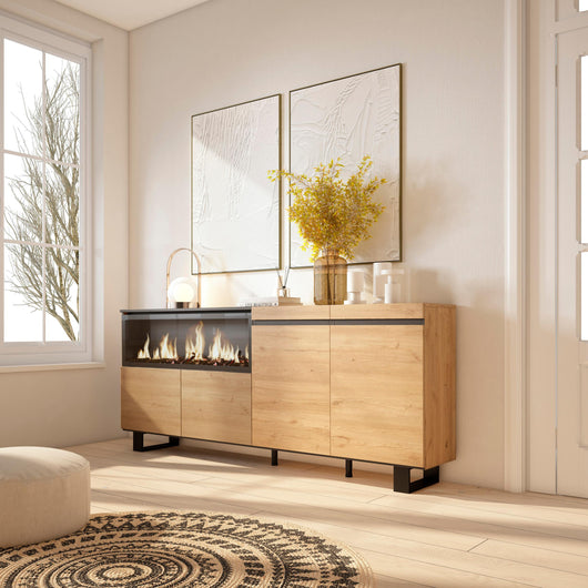 Credenza, Mobile, 208x35x87cm, 4 Porte, Camino elettrico XXL, Design industriale, colore Rovere RF3228