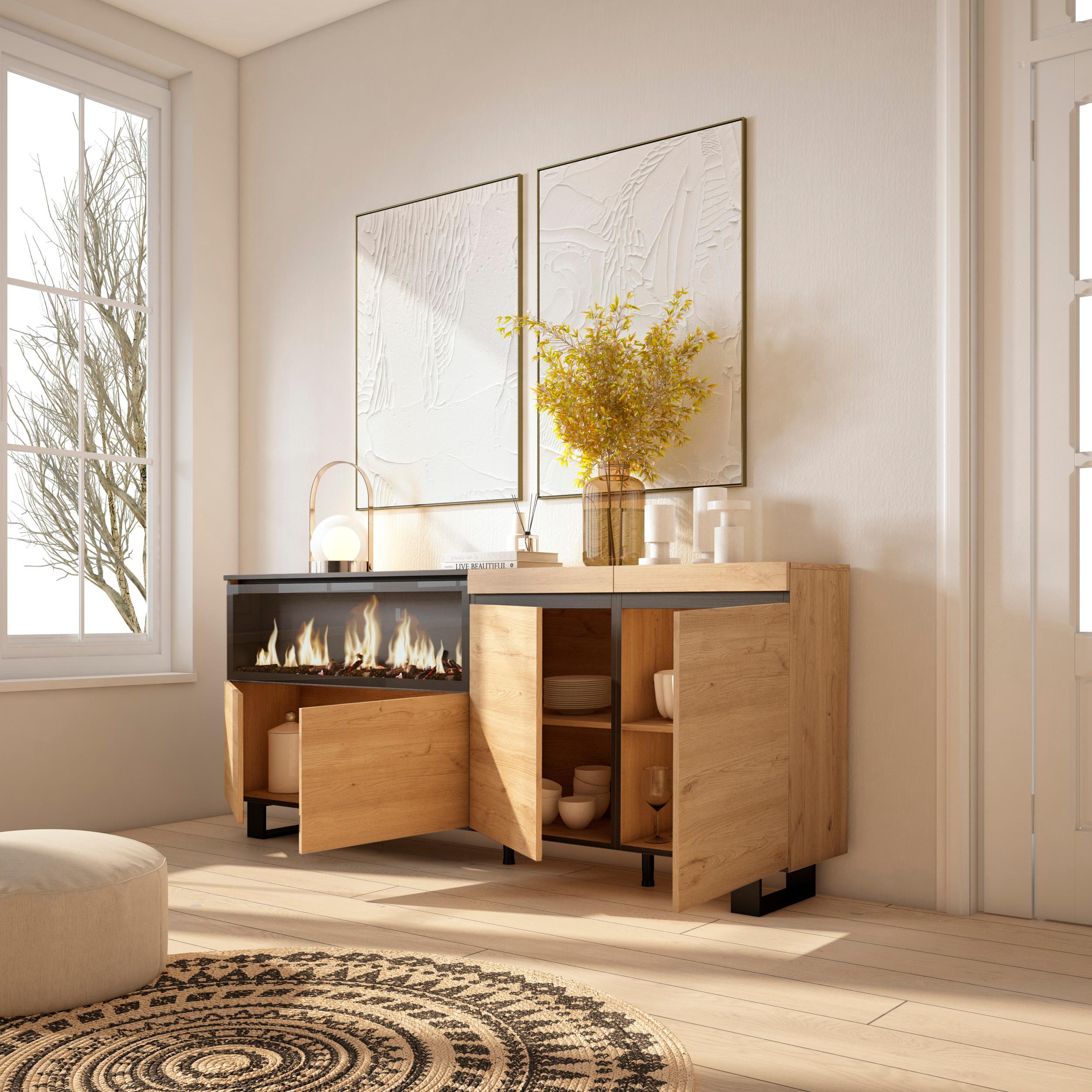 Credenza, Mobile, 208x35x87cm, 4 Porte, Camino elettrico XXL, Design industriale, colore Rovere RF3228