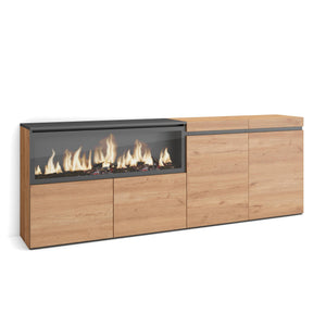 Credenza, Mobile, 208x35x75cm, 4 Porte, Camino elettrico XXL, colore Rovere RF3225