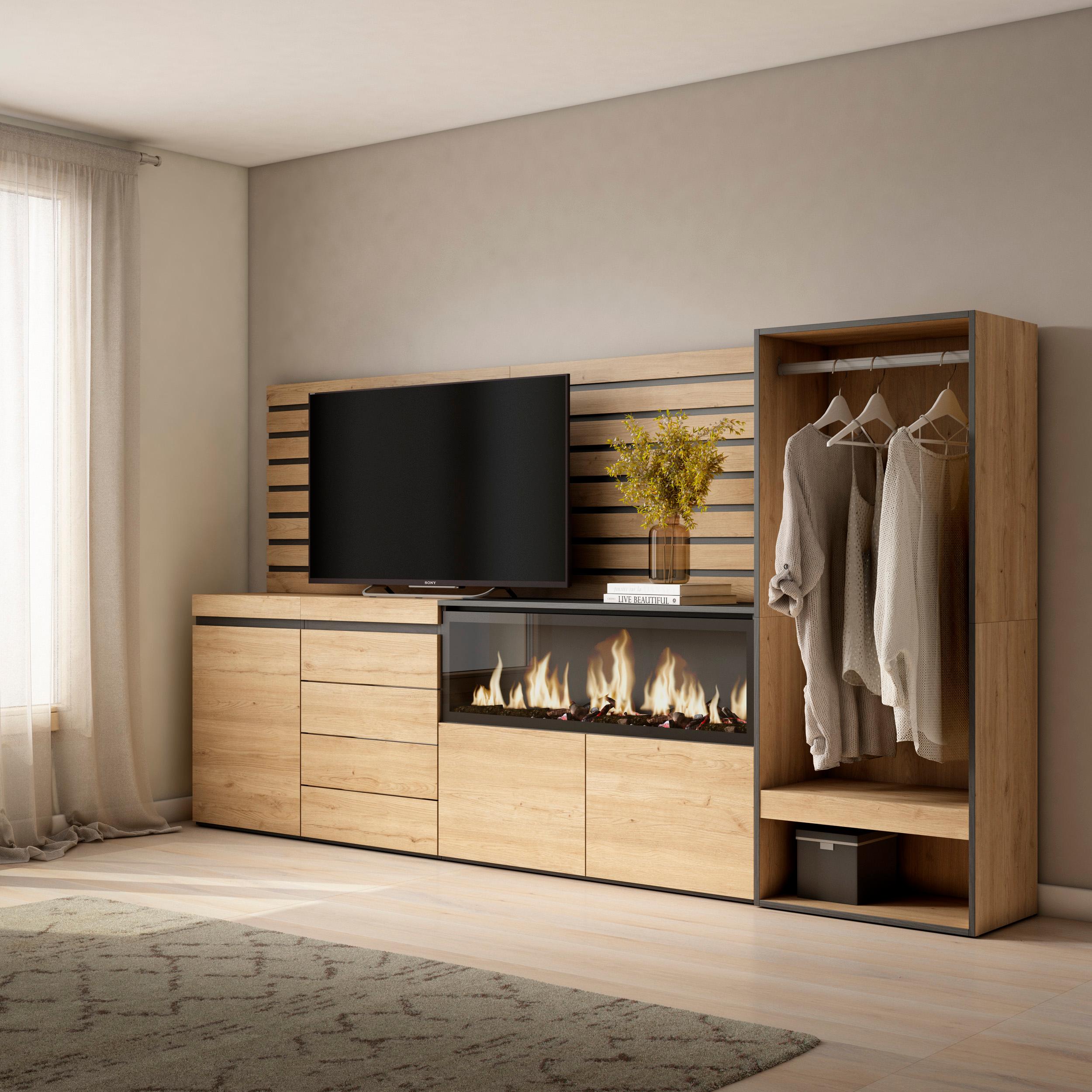 Credenza, 274x35x145cm, Camera da letto, Camino elettrico XXL, Cassettiera, Armadio Aperto, colore Rovere RF3399