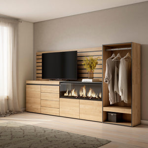 Credenza, 274x35x145cm, Camera da letto, Camino elettrico XXL, Cassettiera, Armadio Aperto, colore Rovere RF3399