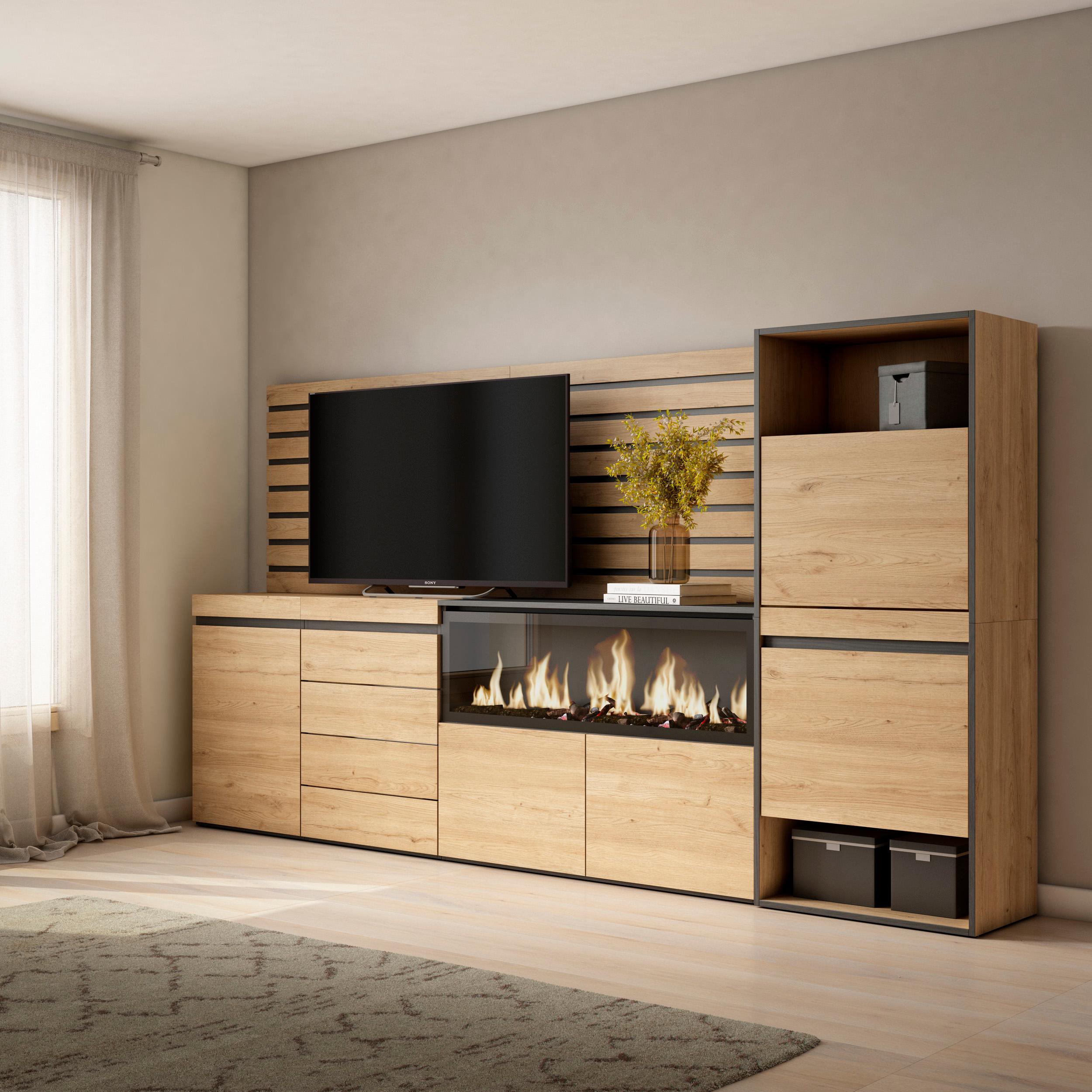Credenza, 274x35x145cm, Camera da letto, Camino elettrico XXL, Cassettiera, Scarpiera, colore Rovere RF3401