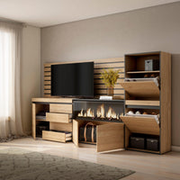 Credenza, 274x35x145cm, Camera da letto, Camino elettrico XXL, Cassettiera, Scarpiera, colore Rovere RF3401