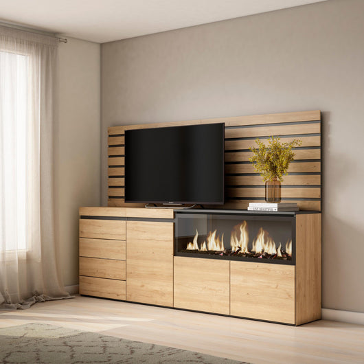 Credenza, 214x35x145cm, Camera da letto, Camino elettrico XXL, Cassettiera, colore Rovere RF3419