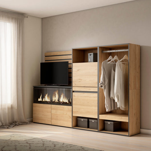Credenza, 227x35x145cm, Camera da letto, Camino elettrico XXL, Scarpiera, Armadio Aperto, colore Rovere RF3398
