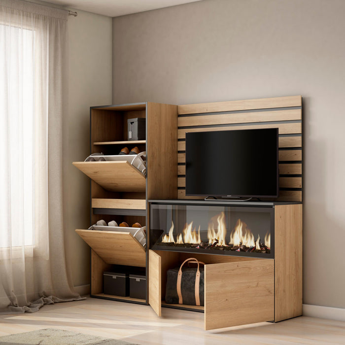 Credenza, 167x35x145cm, Camera da letto, Camino elettrico XXL, Scarpiera, colore Rovere RF3397