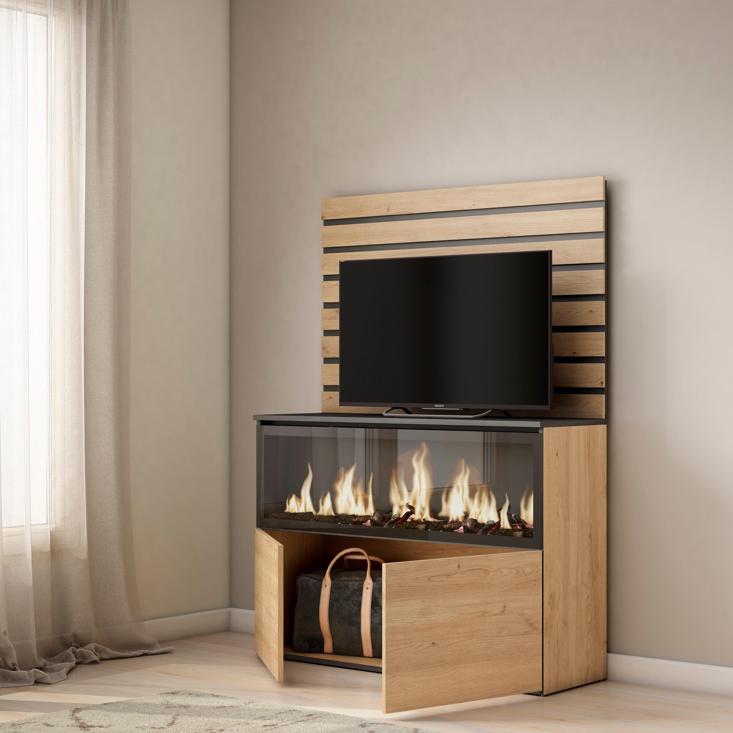 Credenza, 107x35x145cm, Camera da letto, Camino elettrico XXL, colore Rovere RF3418
