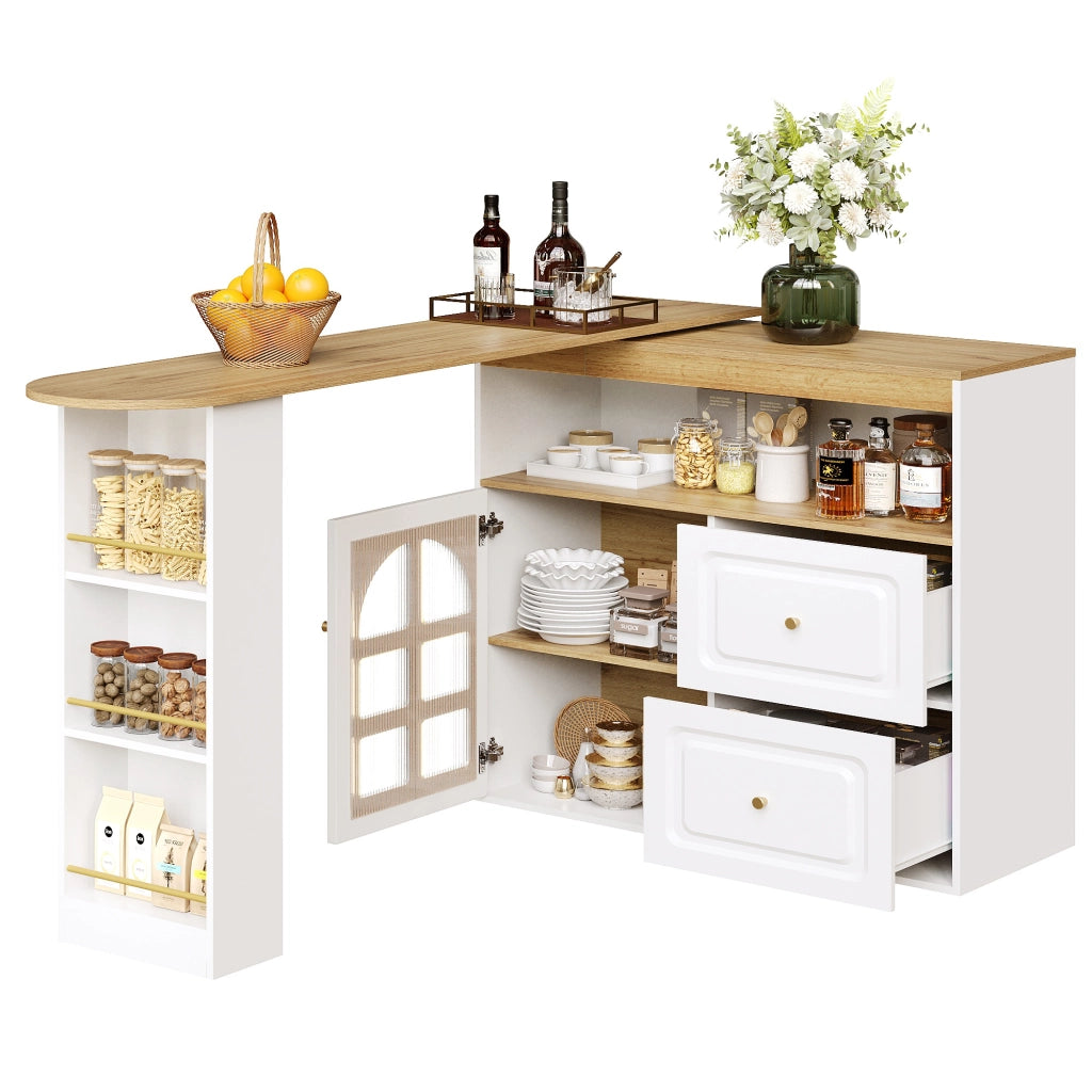 Mobile Bar Girevole con 2 Cassetti; Ripiani e Anta in Vetro Curvo; in MDF; Bianco; 138-204 x 39 x 104 cm