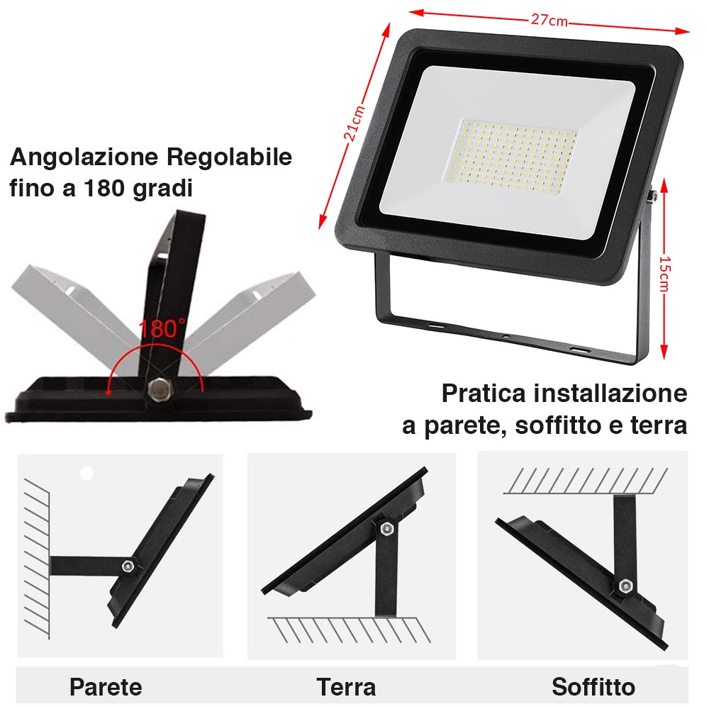 Faro Led 100W Luce Alta Luminosita 8000lm Faretto Esterno Slim Bianco Freddo