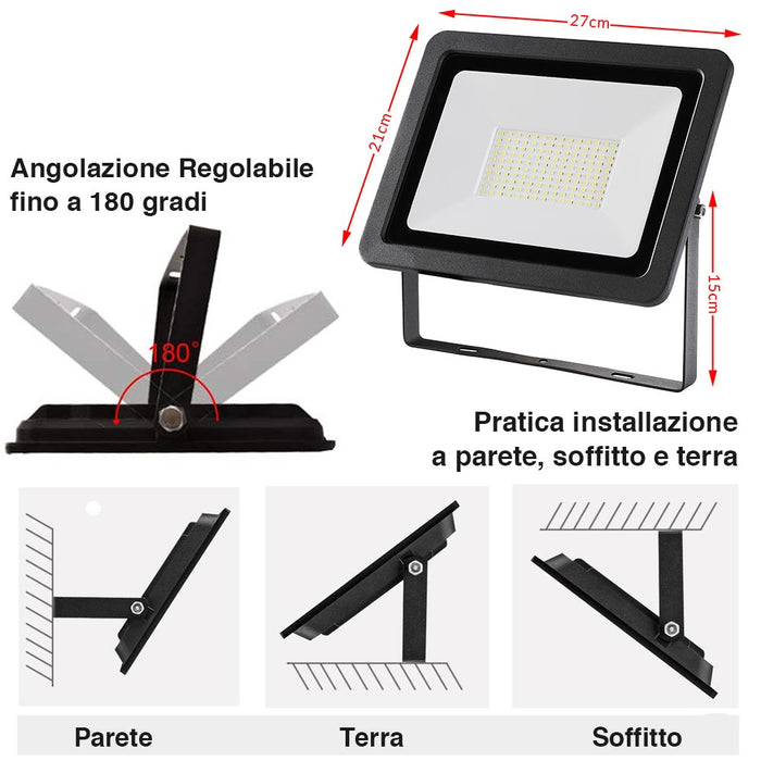 Faro Led 100W Luce Alta Luminosita 8000lm Faretto Esterno Slim Bianco Freddo