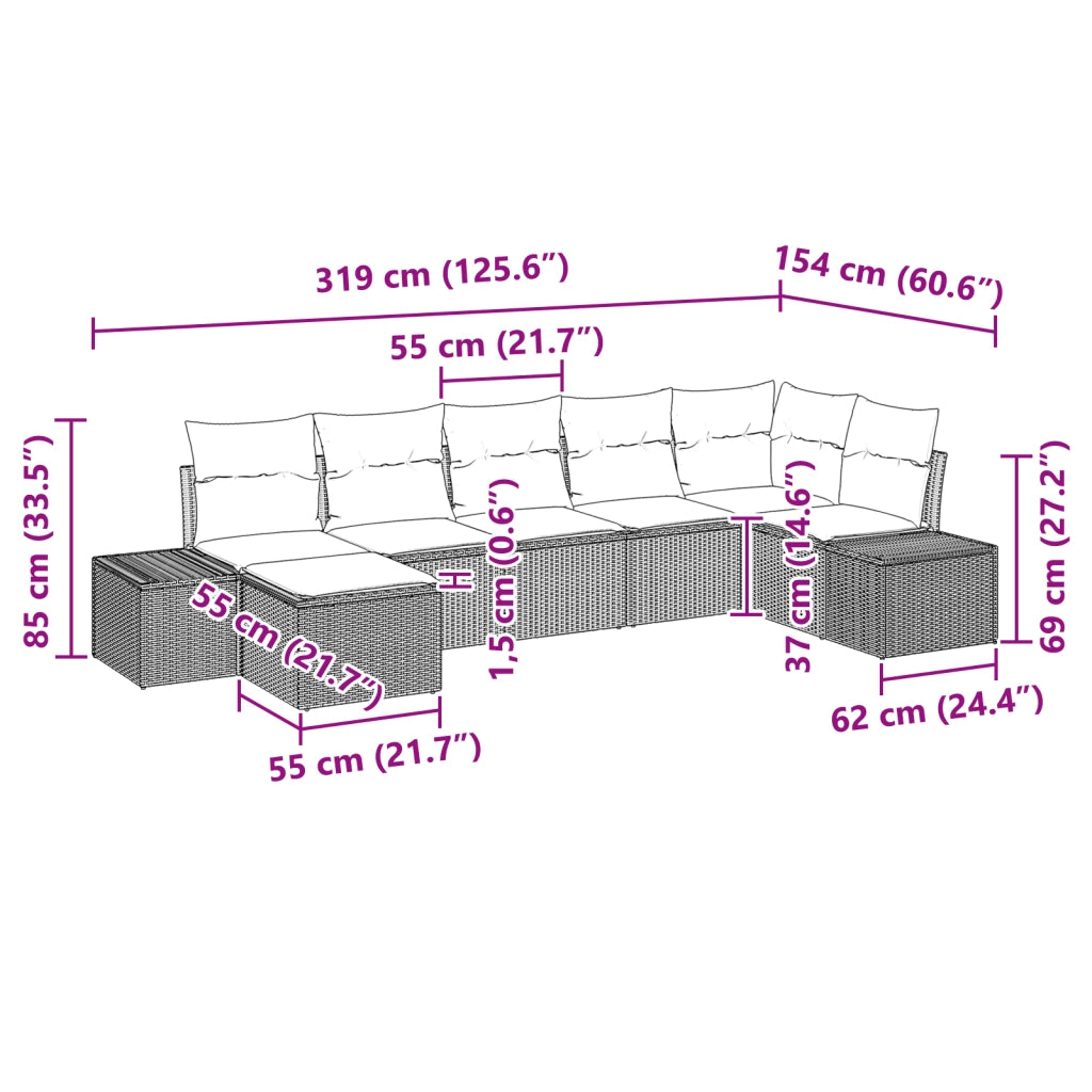 Set Divano da Giardino 7 Pezzi con Cuscini Grigio Chiaro Rattan Sintetico