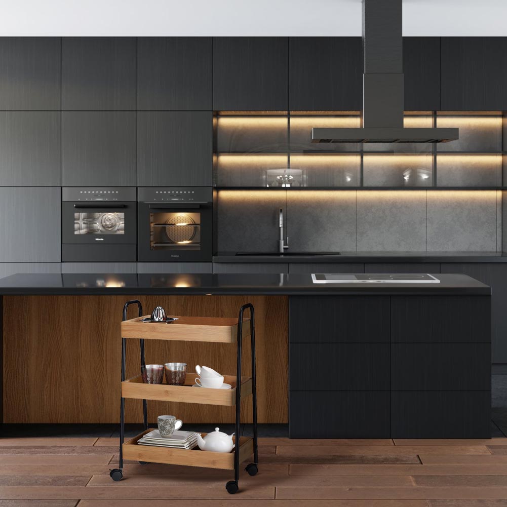 Carrello Trolley Cucina in Metallo 3 Ripiani in legno 4 Ruote Salvaspazio Nero