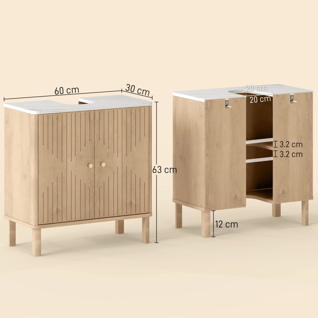 Mobile Sottolavabo a 2 Ante con Ripiano Effetto Marmo e Mensola Regolabile. Rovere