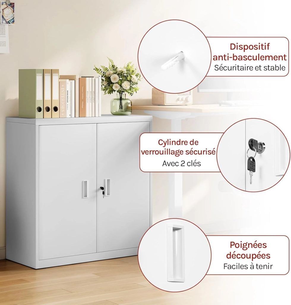 Armadio per Archiviazione con Serratura e Ripiano Regolabile in Altezza, Armadio Multiuso per Ufficio in Metallo, Bianco, L90xH92xP40 cm