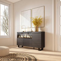 Credenza, Mobile, 158x35x87cm, 3 Porte, Camino elettrico XXL, Design industriale, Nero RF3284