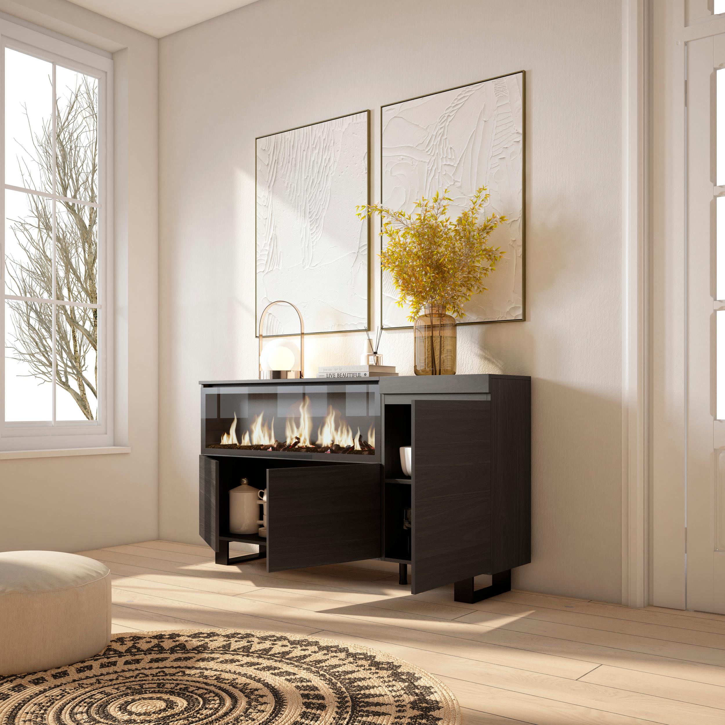 Credenza, Mobile, 158x35x87cm, 3 Porte, Camino elettrico XXL, Design industriale, Nero RF3284
