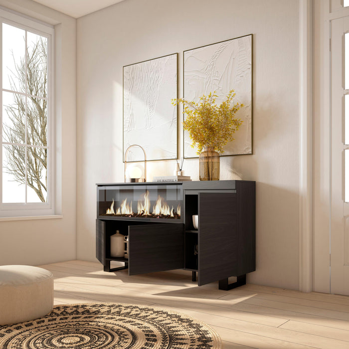 Credenza, Mobile, 158x35x87cm, 3 Porte, Camino elettrico XXL, Design industriale, Nero RF3284