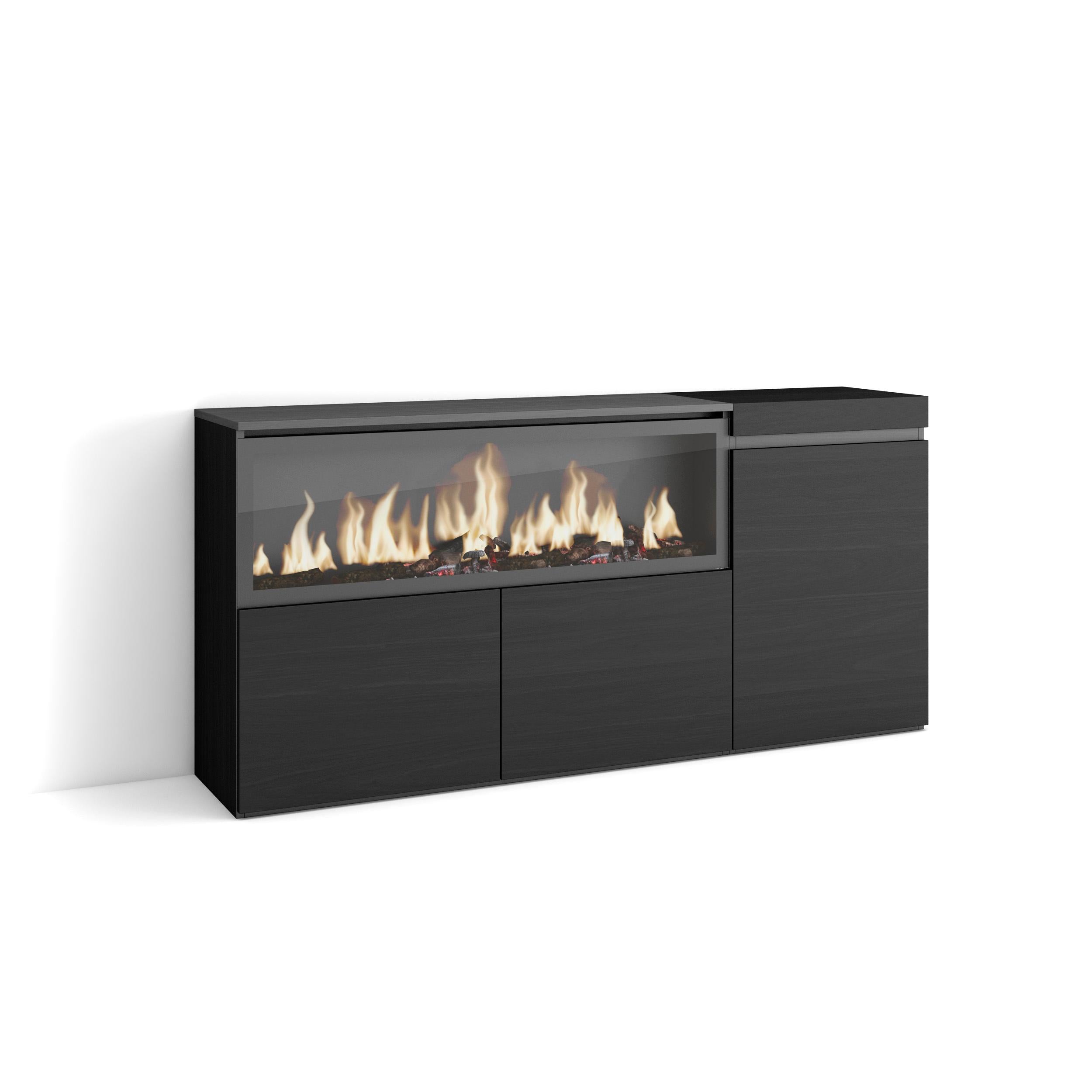 Credenza, Mobile, 158x35x75cm, 3 Porte, Camino elettrico XXL, Nero RF3282