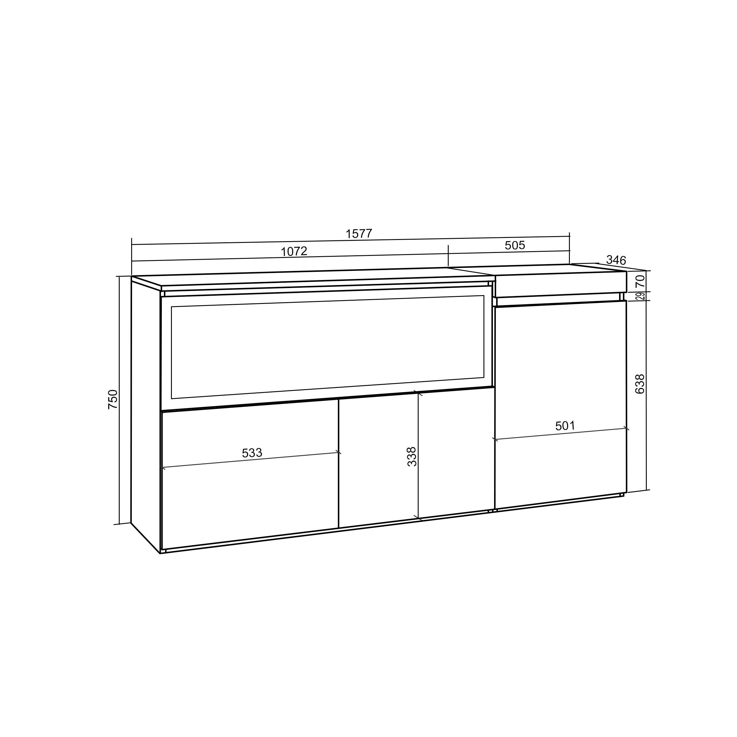 Credenza, Mobile, 158x35x75cm, 3 Porte, Camino elettrico XXL, Nero RF3282