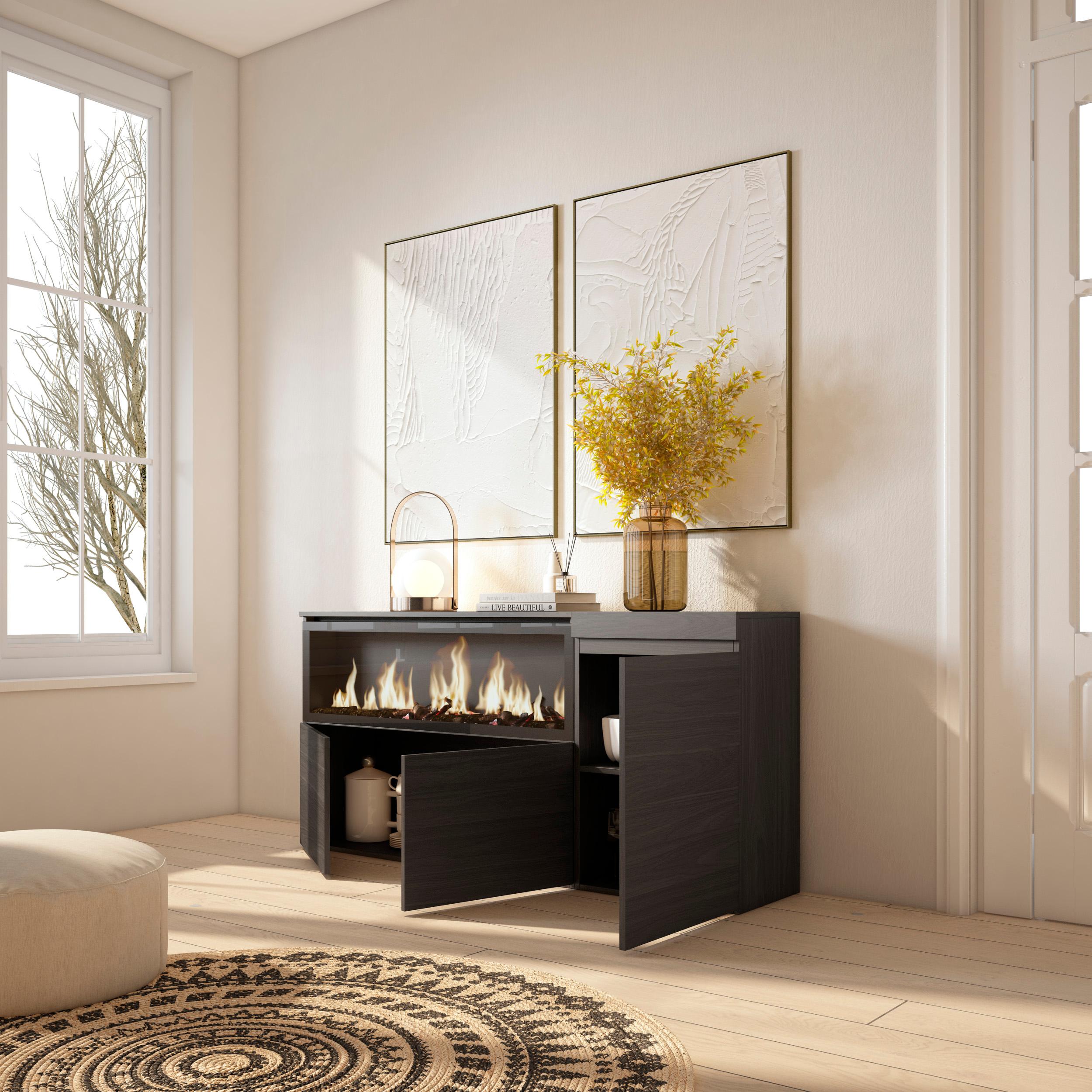 Credenza, Mobile, 158x35x75cm, 3 Porte, Camino elettrico XXL, Nero RF3282