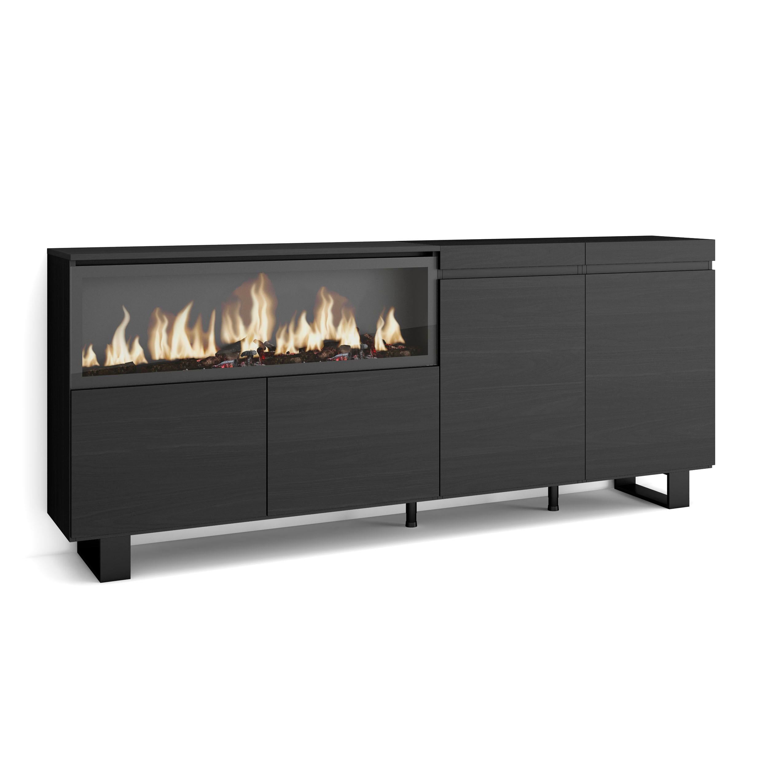 Credenza, Mobile, 208x35x87cm, 4 Porte, Camino elettrico XXL, Design industriale, Nero RF3217