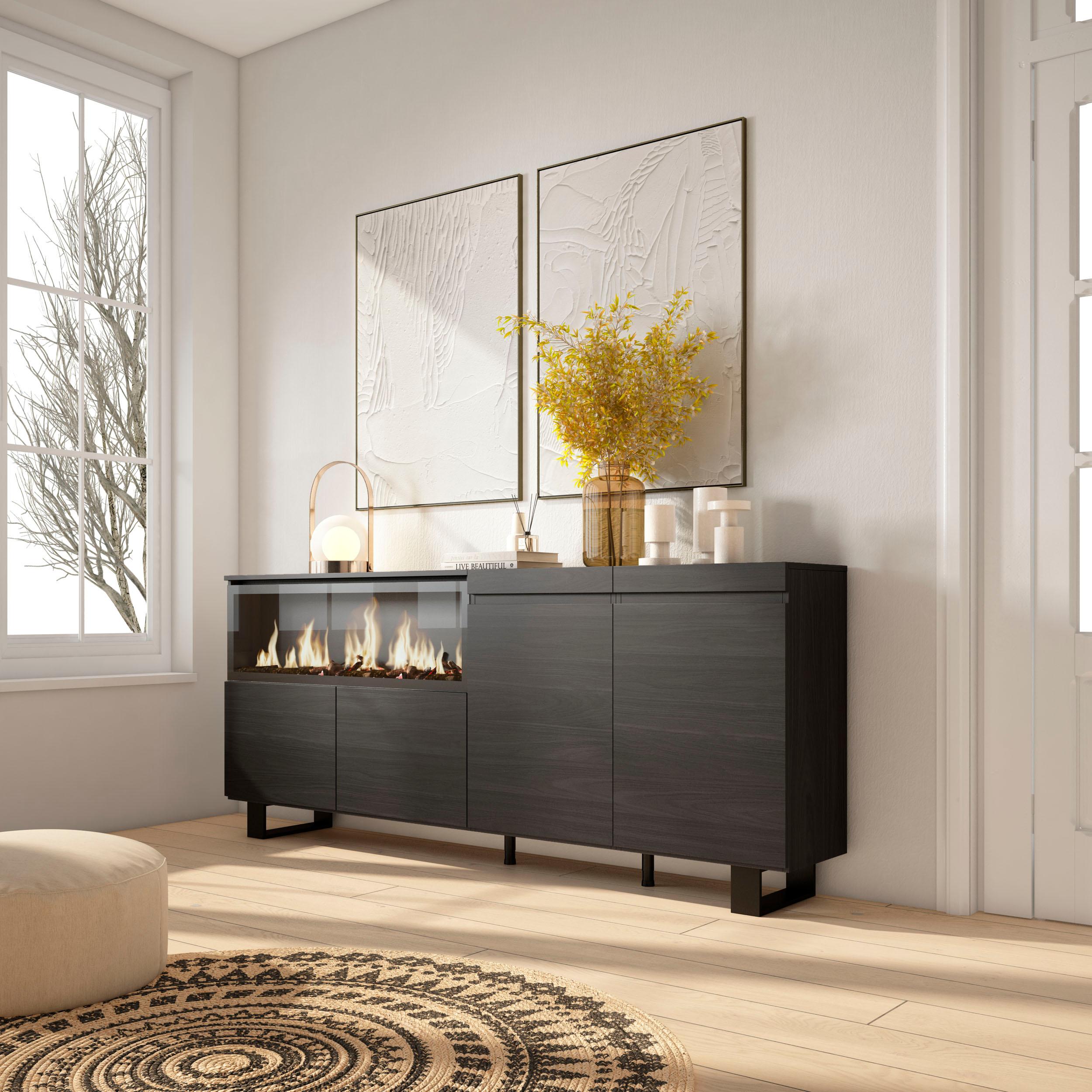 Credenza, Mobile, 208x35x87cm, 4 Porte, Camino elettrico XXL, Design industriale, Nero RF3217