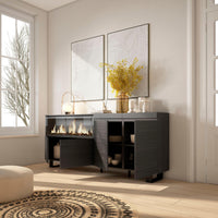 Credenza, Mobile, 208x35x87cm, 4 Porte, Camino elettrico XXL, Design industriale, Nero RF3217