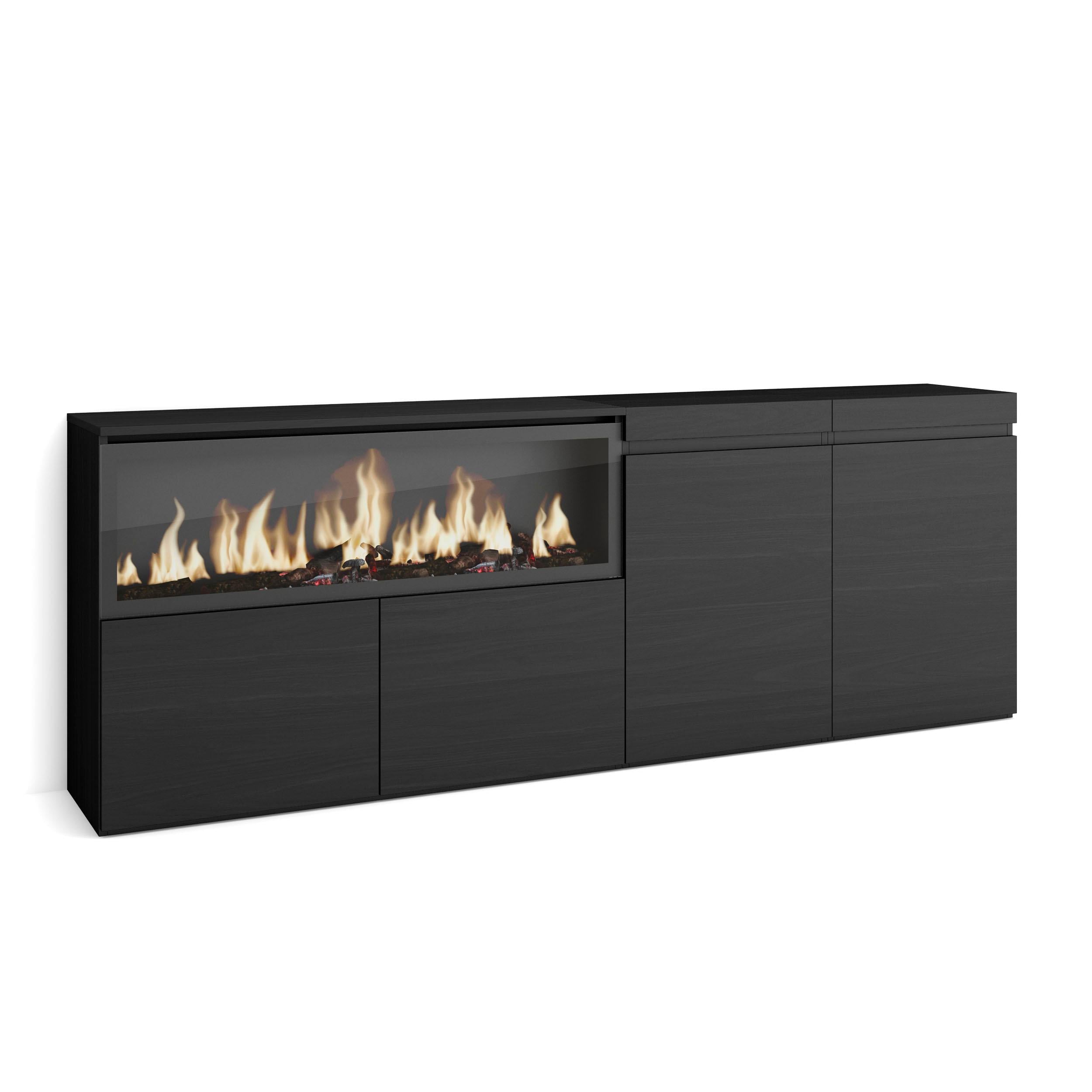 Credenza, Mobile, 208x35x75cm, 4 Porte, Camino elettrico XXL, Nero RF3214