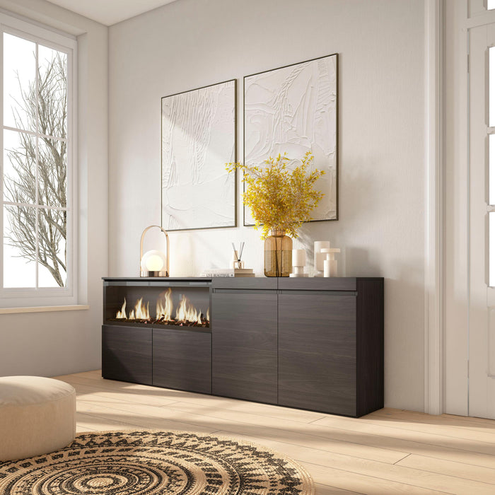 Credenza, Mobile, 208x35x75cm, 4 Porte, Camino elettrico XXL, Nero RF3214