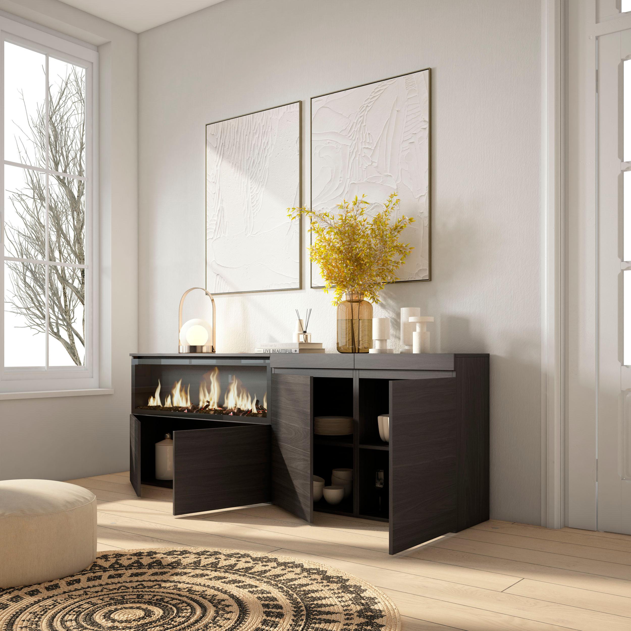 Credenza, Mobile, 208x35x75cm, 4 Porte, Camino elettrico XXL, Nero RF3214