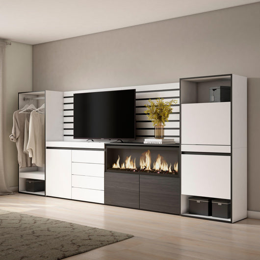 Credenza, 334x35x145cm, Camera da letto, Camino elettrico XXL, Cassettiera, Scarpiera, Armadio Aperto, Bianco RF3389