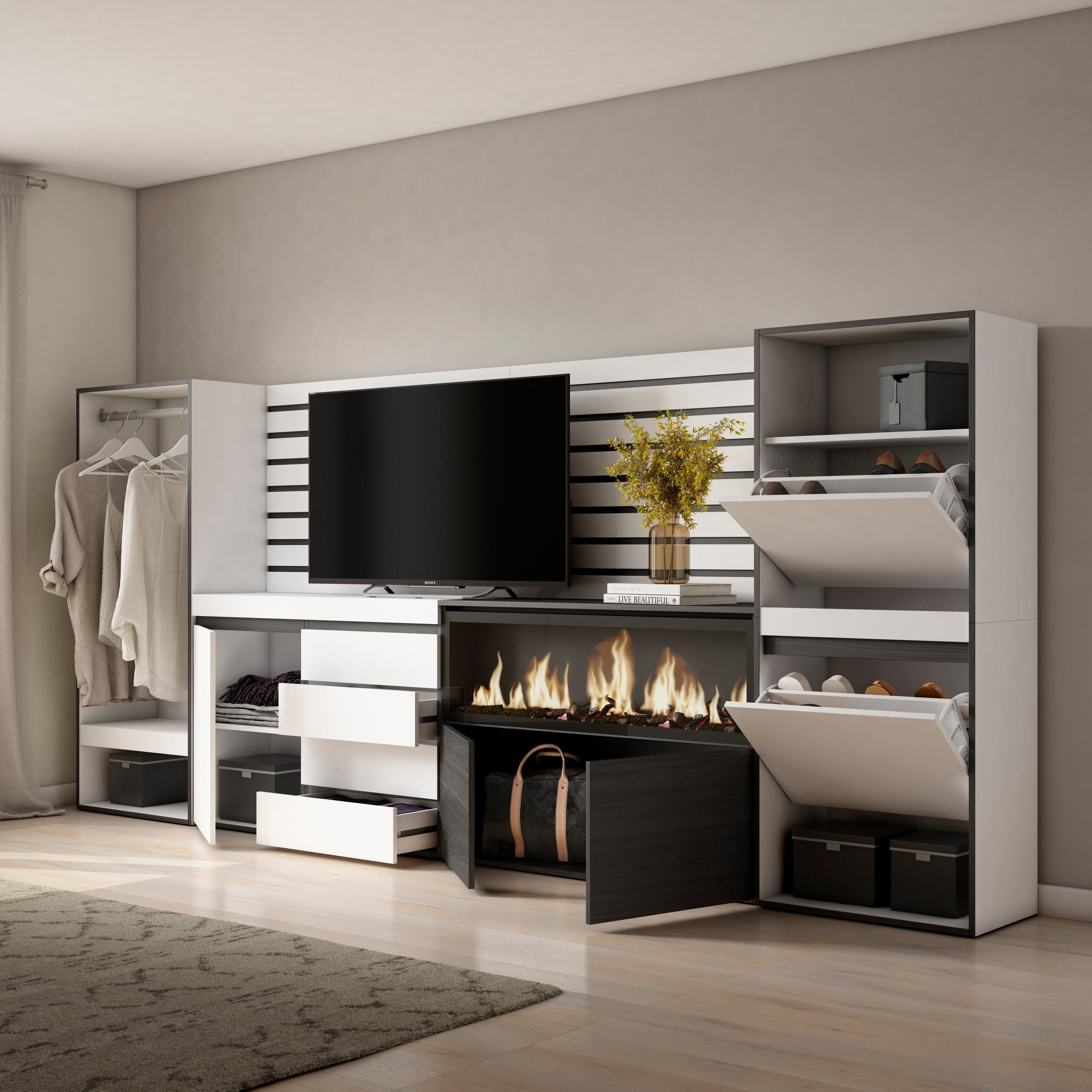 Credenza, 334x35x145cm, Camera da letto, Camino elettrico XXL, Cassettiera, Scarpiera, Armadio Aperto, Bianco RF3389