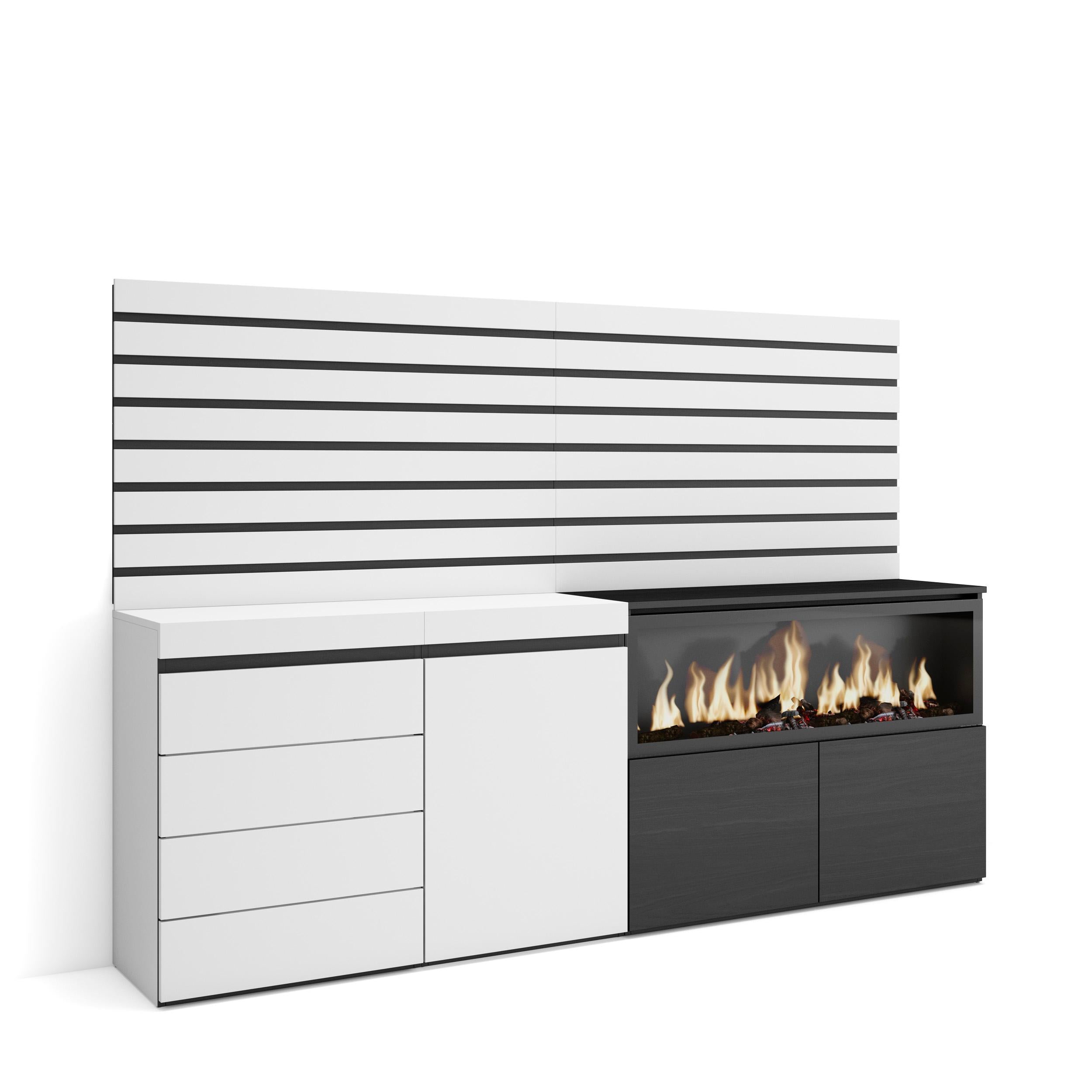 Credenza, 214x35x145cm, Camera da letto, Camino elettrico XXL, Cassettiera, Bianco RF3414