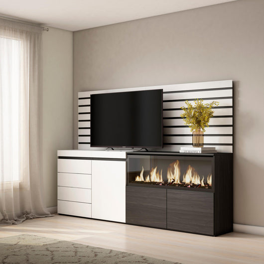 Credenza, 214x35x145cm, Camera da letto, Camino elettrico XXL, Cassettiera, Bianco RF3414