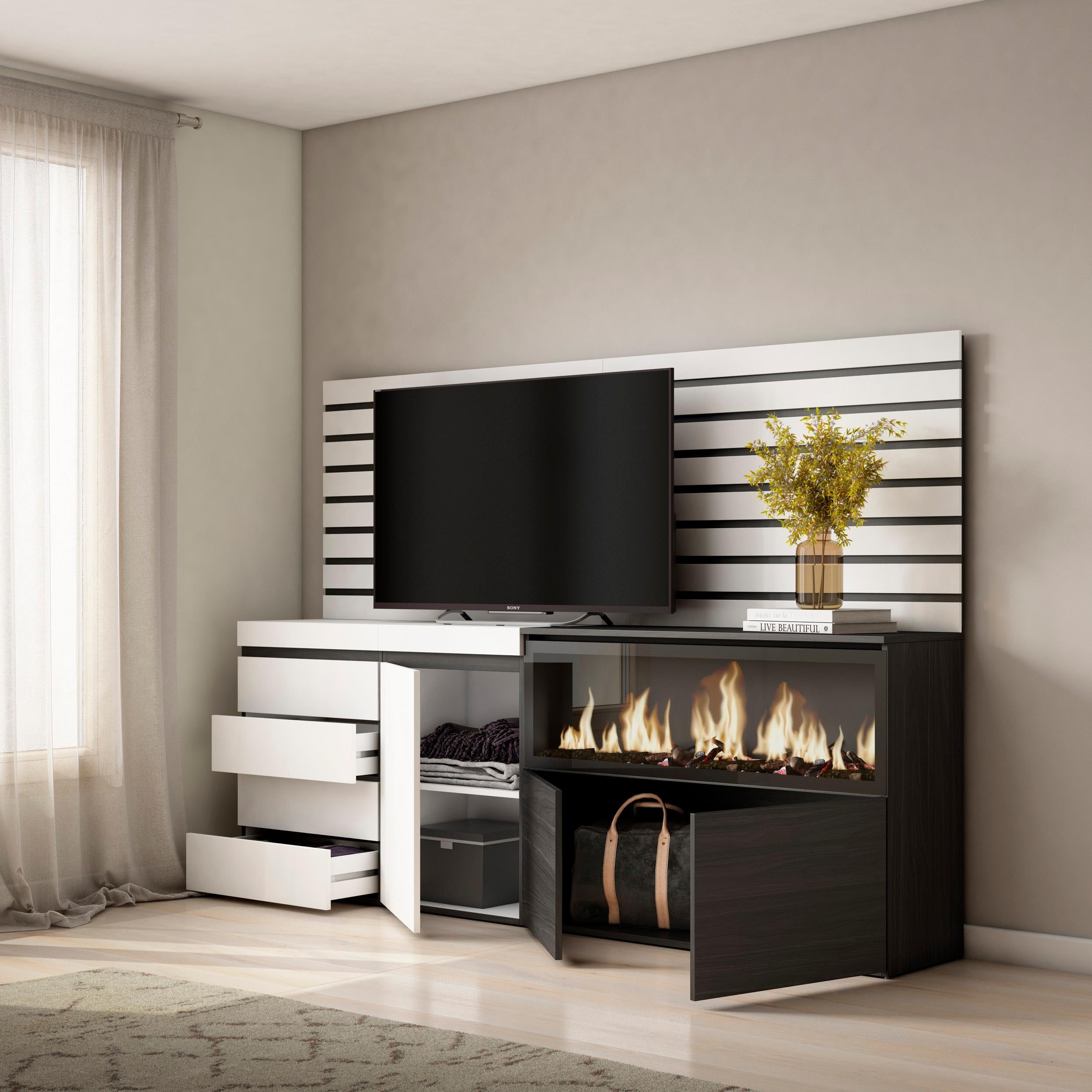 Credenza, 214x35x145cm, Camera da letto, Camino elettrico XXL, Cassettiera, Bianco RF3414