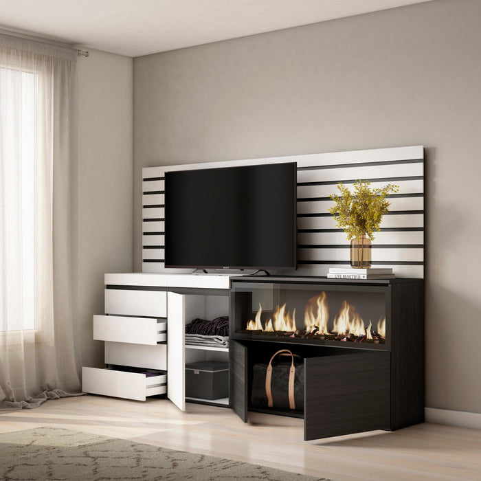 Credenza, 214x35x145cm, Camera da letto, Camino elettrico XXL, Cassettiera, Bianco RF3414