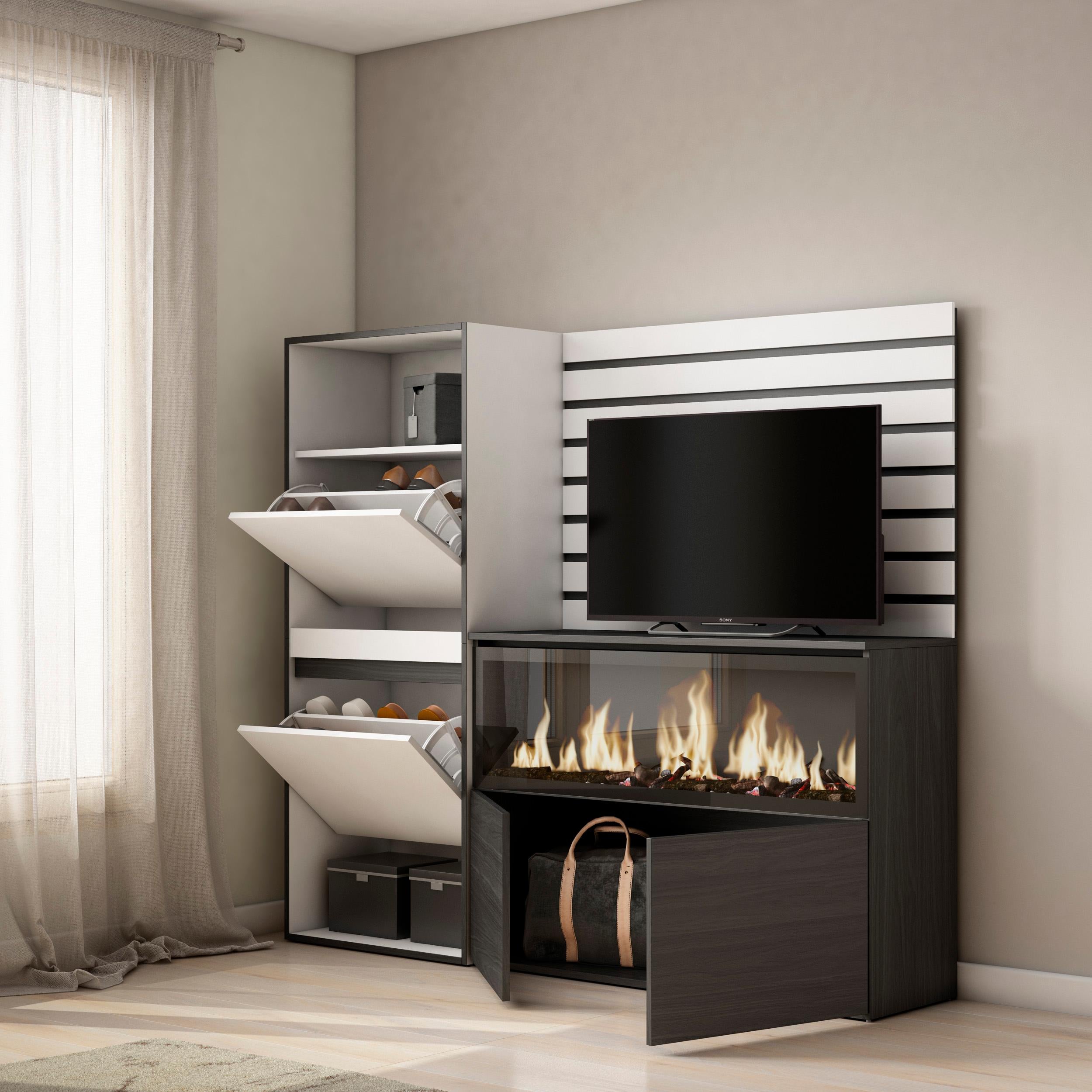 Credenza, 167x35x145cm, Camera da letto, Camino elettrico XXL, Scarpiera, Bianco RF3385