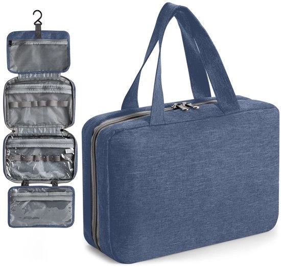 Tas da bagno per viaggiatore con organizzatore per cosmetici e trucco, tasca per bagno con stoffa Oxford, impermeabile e riutilizzabile, per viaggi e campeggio (blu scuro)